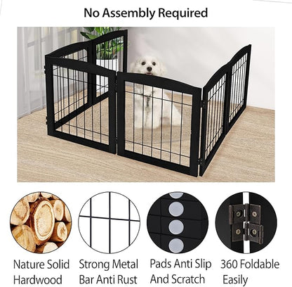 LZRS 6-Panel Extra Wide Wooden Freestanding Dog Gate: Foldable Solid Wood and Steel Wire Chew Resistant Safety Barrier for Doorways, Stairs, and Open Long Spaces Indoor Use, Black
