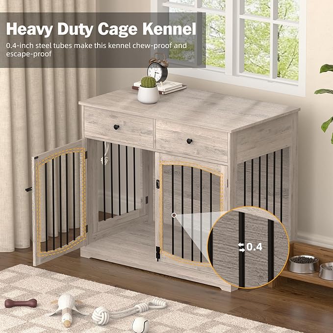 Kucreiheat 40'' Wooden Dog Crate Furniture–Farmhouse Dog Kenel-Multi Purpose Pet House with Double Doors, 2 Drawers, for Small, Medium & Large Dogs–Rustic Grey Finish
