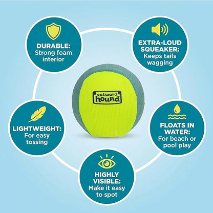 Outward Hound FlyFetch Squeak Ball Dog Toy, Extra‑Loud Squeaker, Durable Foam Core, Floats in Water, All Breeds, 4"