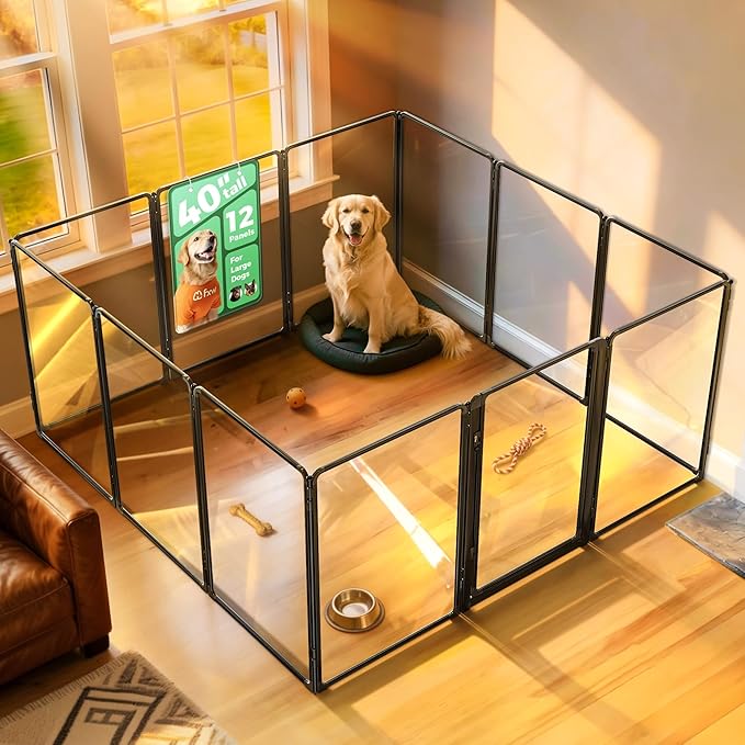 FXW AuraSpace Pro Acrylic Indoor Dog Playpen, Heavy-Duty with Metal Frame, 40" Height 12 Panels for Medium and Large Dogs, Black│Patented