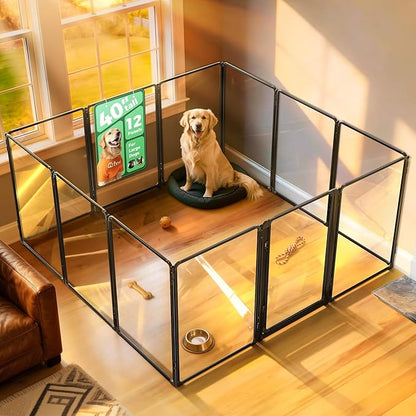 FXW AuraSpace Pro Acrylic Indoor Dog Playpen, Heavy-Duty with Metal Frame, 40" Height 12 Panels for Medium and Large Dogs, Walnut│Patented