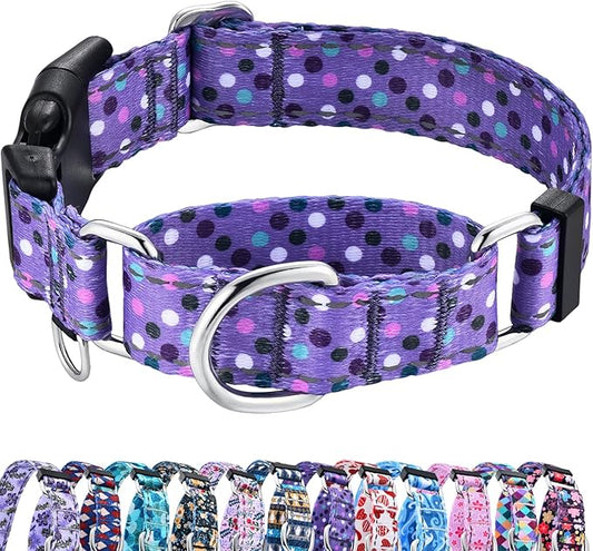 Reflective Martingale Collar for Dogs with Quick Release Buckle Cute No Pull Training Dog Collars (Purple Polka Dot, Large)