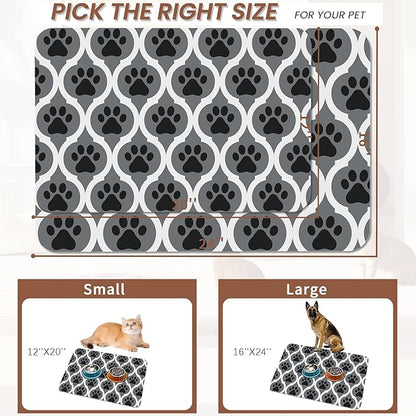 Gray Paw Print Geometric Dog Cat Food Mat,Absorbent Pet Feeding Mat for Food and Water,Non-Slip Dog Bowl Mats Floor Protector 16"x24"