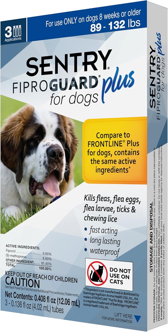 Sentry Fiproguard Plus for Dogs, Flea and Tick Prevention for Dogs (89-132 Pounds), Includes 3 Month Supply of Topical Flea Treatments