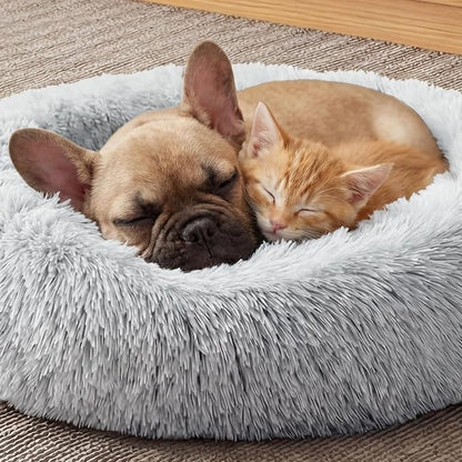 WROS Calming Dog Bed, 20" x 20" x 6" Fits Cat & Dog, Anti-Slip Round Washable Faux Fur for Doze Off, Napping Orthopedic, Grey