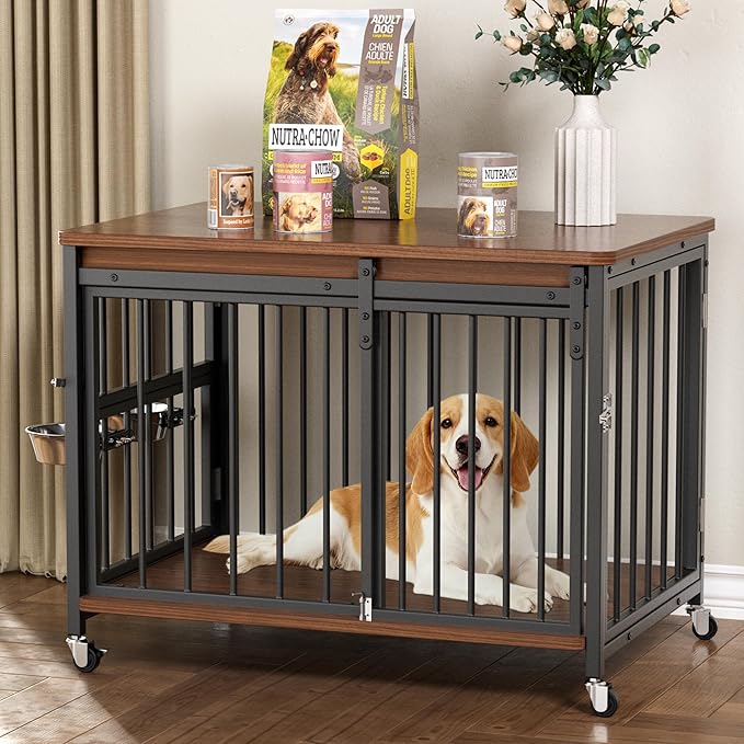 Cofiyard Dog Crate Furniture, 32’’ Wooden Dog Kennel Indoor with Sliding Front Door, Multi-Side Openings & Feeding Window Pet Cage House as TV Stand, End Table for Medium Dogs