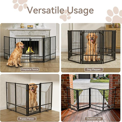 SNUOWU Full Metal Freestanding Dog Gate with Door, 32''Height Foldable Pet Dog Fence for Indoor & Outdoor, 8 Panels Extra Wide Free Standing TallDog Gates for Doorways,House,Stairs,Porch,Deck,Yard