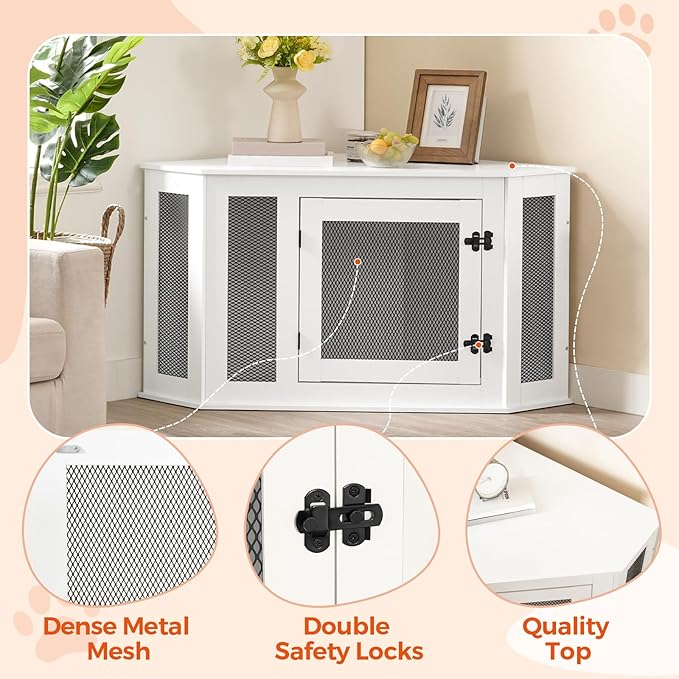 MAHANCRIS Corner Dog Crate Furniture, Wooden Dog Kennel End Table, Decorative Pet Crate Indoor Use, Furniture Style Dog House for Small Medium Dog, Dog Cage TV Stand, White and Black DCWT0801