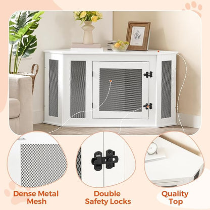 MAHANCRIS Corner Dog Crate Furniture, Wooden Dog Kennel End Table, Decorative Pet Crate Indoor Use, Furniture Style Dog House for Small Medium Dog, Dog Cage TV Stand, White and Black DCWT0801