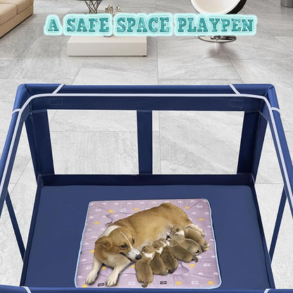 XVISHX 42x42 Inch Puppy Playpen with Cover, Dog Playpen for Puppies or Small Dogs, Pet Fence for Indoor & Outdoor, Sturdy Safety DogPen with Thickened Fabric, High-Strength Nylon Wire Mesh, Blue