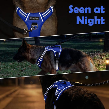 Funfox Dog Harness Medium No Pull, Adjustable 2 Clips Anti-Pull Vest with Practical Handle, Breathable Padded Pet Harness Designed for Small/Large Breeds, Reflective Training Walking Blue M
