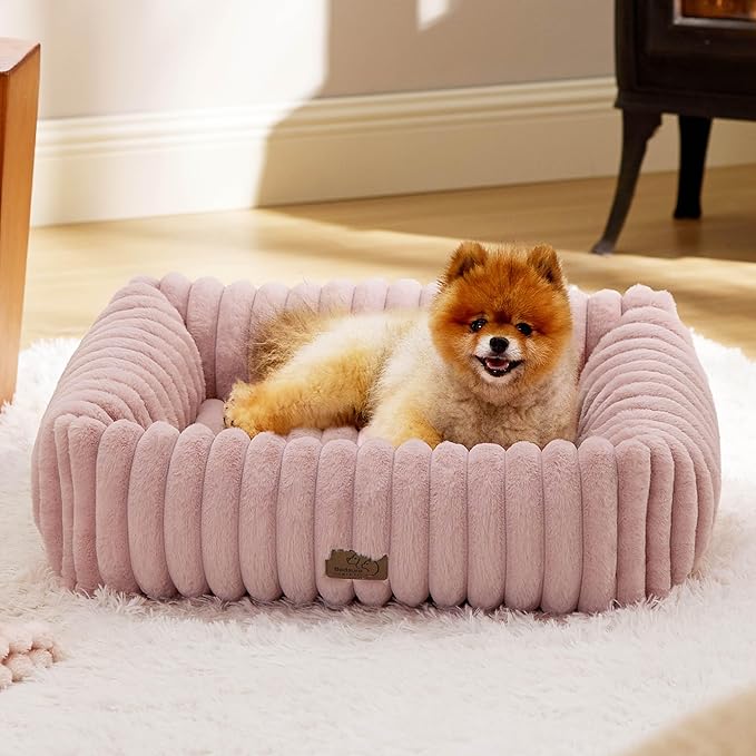 Bedsure ComfyFleece™ Cute Dog Bed for Small Medium Dogs - Washable Furry Puppy Beds, Rectangle Orthopedic Corduroy Fleece Pet Beds with Removable Zipper Cover, 25x21x7inches, Blush Pink