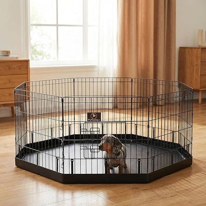 PJYuCien Dog Playpen with Bottom Pad - Metal Foldable Exercise Pen, 8 Panels 24" H x 24" W Indoor Outdoor Pet Fence Puppy Crate Kennel, Black