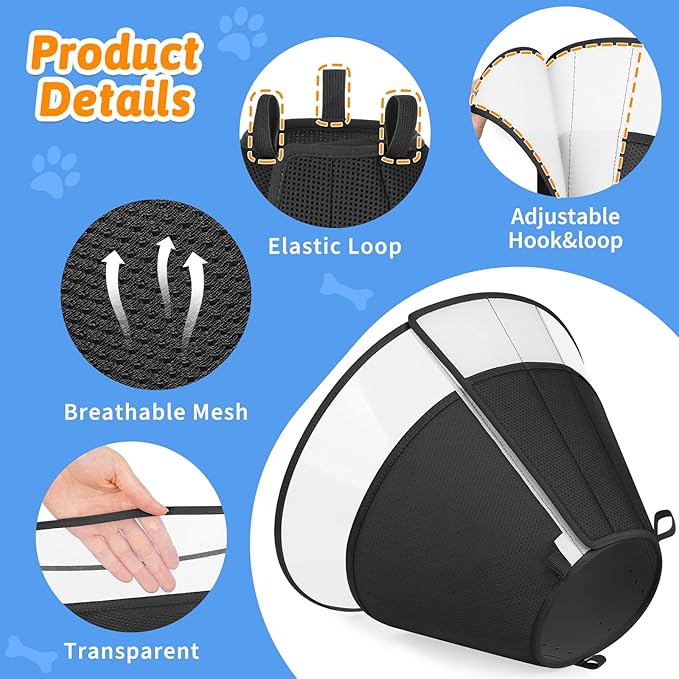 Dog Cone Collar, Clear Soft Cone for Dogs After Surgery to Stop Licking, Breathable Mesh Recovery Collar with Elastic Loop for Snug Fit, Adjustable E-Collar for Large Dogs, Black Size 6
