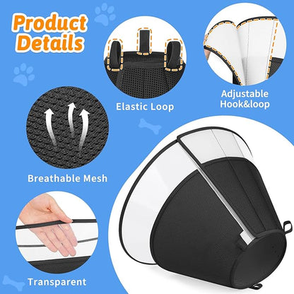 Dog Cone Collar, Clear Soft Cone for Dogs After Surgery to Stop Licking, Breathable Mesh Recovery Collar with Elastic Loop for Snug Fit, Adjustable E-Collar for Medium Dogs, Black Size 3