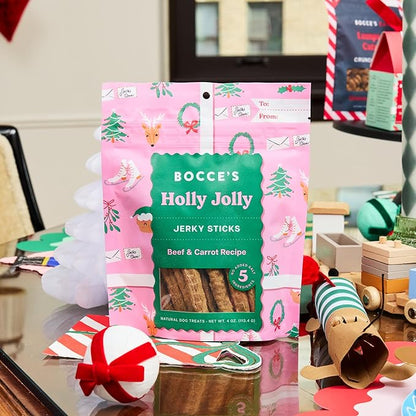Bocce's Bakery Holly Jolly Holiday Flavor Jerky Stick Dog Treats - No Added Salt or Sugar, Natural & High-Protein - Wheat-Free, Made with Limited-Ingredients & Baked in The USA, 4 oz