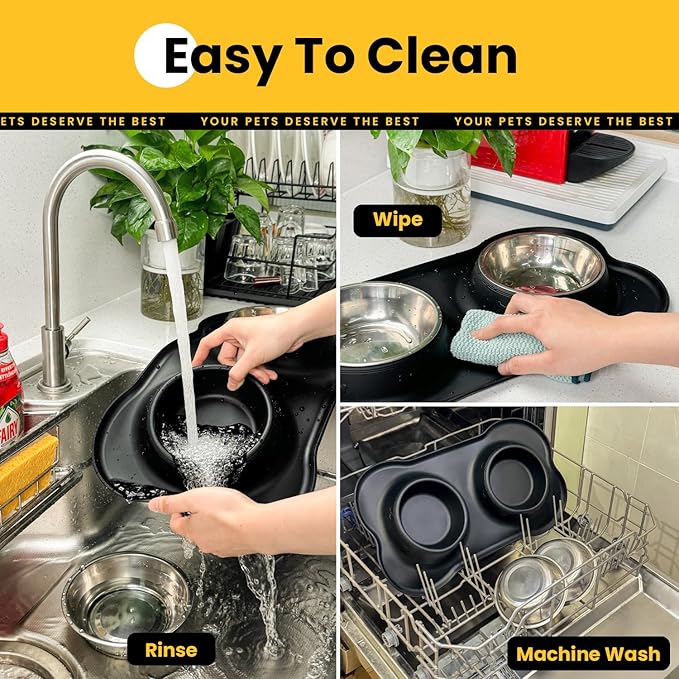 Conlun Dog Bowls with Silicone Feeding Mat, No Spill Food Water Dish Set, Dishwasher Safe, 2 Stainless Steel Puppy Bowls, Suitable for Tiny Dogs Kittens Cats Rabbits Pets under 8lbs, Extra Small,Black