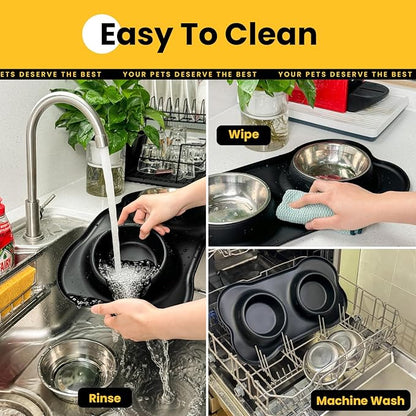 Conlun Dog Bowls with Silicone Feeding Mat, No Spill Food Water Dish Set, Dishwasher Safe, 2 Stainless Steel Puppy Bowls, Suitable for Tiny Dogs Kittens Cats Rabbits Pets under 8lbs, Extra Small,Black