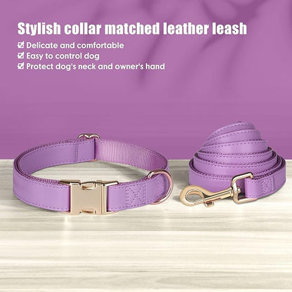 PET ARTIST Soft PU Leather Dog Collar and Leash Set, Bright & Stylish 5FT PU Leather Leash and Collar Set, Durable Pet Collars with Quick Release Metal Buckle for Small Dogs,Purple,S(9"-14")
