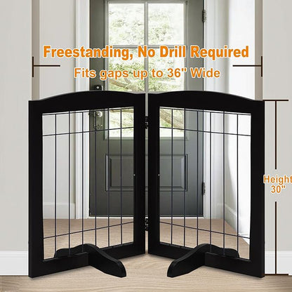 LZRS 2-Panel Freestanding Adjustable Wooden Dog Gate—30” Tall Foldable Pet Barrier with Support Feet, Solid Hardwood & Chew-Resistant Steel Wire for Doorways, Hallways, and Stairs, Black