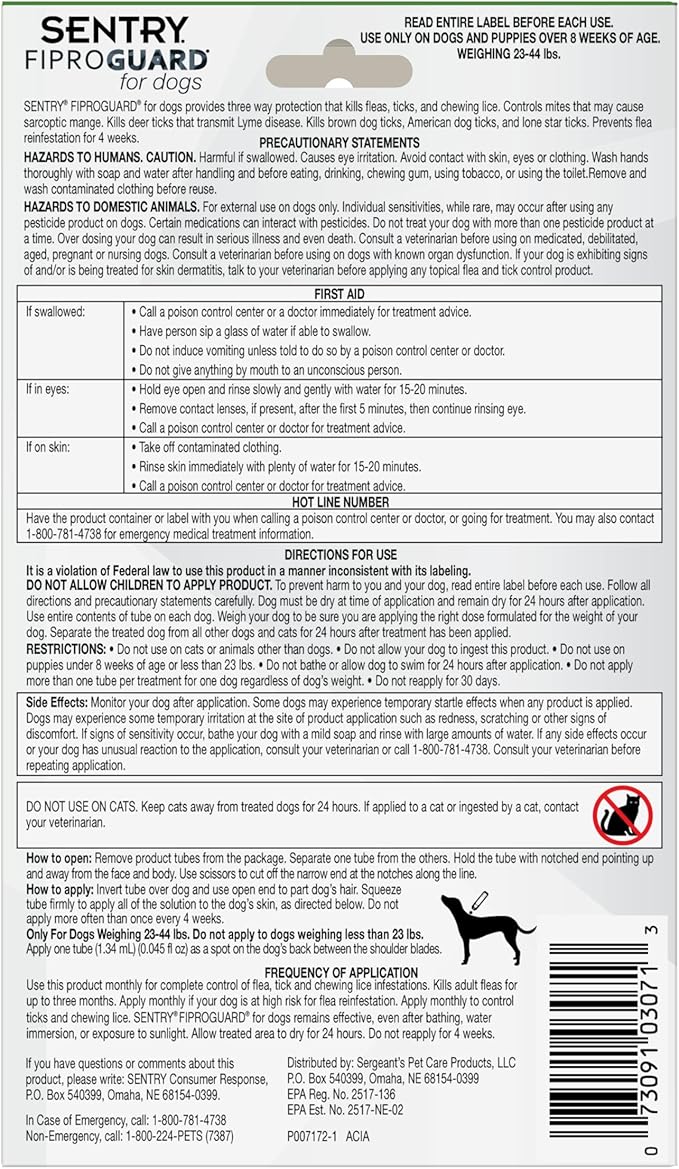 Sentry Fiproguard for Dogs, Flea and Tick Prevention for Dogs (23-44 Pounds), Includes 6 Month Supply of Topical Flea Treatments