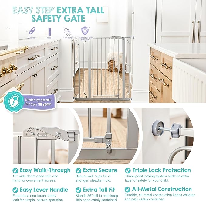Regalo Safety 36” Extra Tall Baby Gate for Doorways & Bottom of Stairs, Pressure Mounted Baby Gate with Door for Babies, Toddlers & Pets, Tested & Safe, American Designed and Owned, Platinum