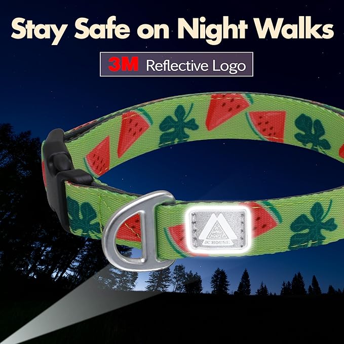 Cute Dog Collar, Summer Watermelon Print Reflective Padded Collar with Soft Neoprene, Adjustable Lightweight Pet Collar for Small Dogs, Puppies,Neck Size 9’’-14’’ (Watermelon, S)