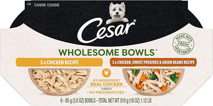 Cesar Wholesome Bowls Adult Wet Dog Food, Chicken Recipe and Chicken, Sweet Potatoes & Green Beans Recipe Variety Pack, Wet Food for Dogs, 3 Oz. Bowls, 6 Count