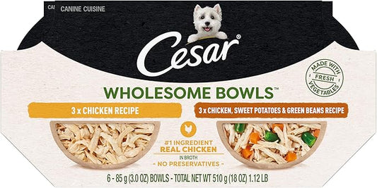 Cesar Wholesome Bowls Adult Wet Dog Food, Chicken Recipe and Chicken, Sweet Potatoes & Green Beans Recipe Variety Pack, Wet Food for Dogs, 3 Oz. Bowls, 6 Count