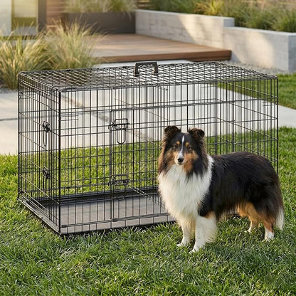 FDW 45 Inch Dog Crate for Large Dogs, Folding Metal Cage with Double Door & Leak-Proof Tray, Black