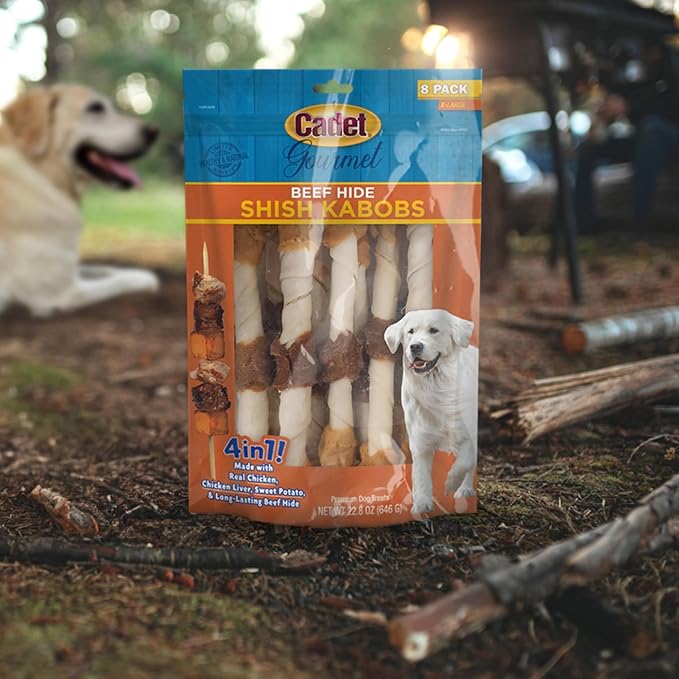 Cadet Gourmet X-Large Triple-Flavored Beef Hide Shish Kabob Dog Treats - Healthy & Natural Chicken, Liver, and Sweet Potato Dog Treats for Dogs Over 30 Lbs., 10 in. (15 Count)