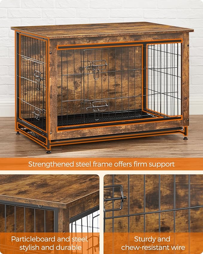 Feandrea 32.5" Dog Crate Furniture, Indoor Dog Cage Side End Table, L Pet Wood Kennel for Large and Medium Dogs up to 45 lb with Multi-Purpose Removable Tray, Double-Door Pet House, Rustic Brown
