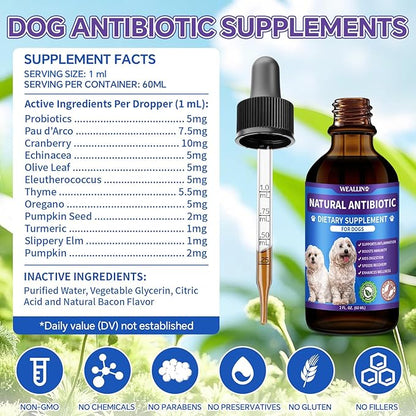 Dog Antibiotics Support - 2PCS Natural Antibiotics Care for Dogs Herbal Supplement for Cough Allergy Itch Relief Immune Support Dog UTI Comfort for All Breeds & Ages - 120 ml/4 Fl Oz Bacon Flavor