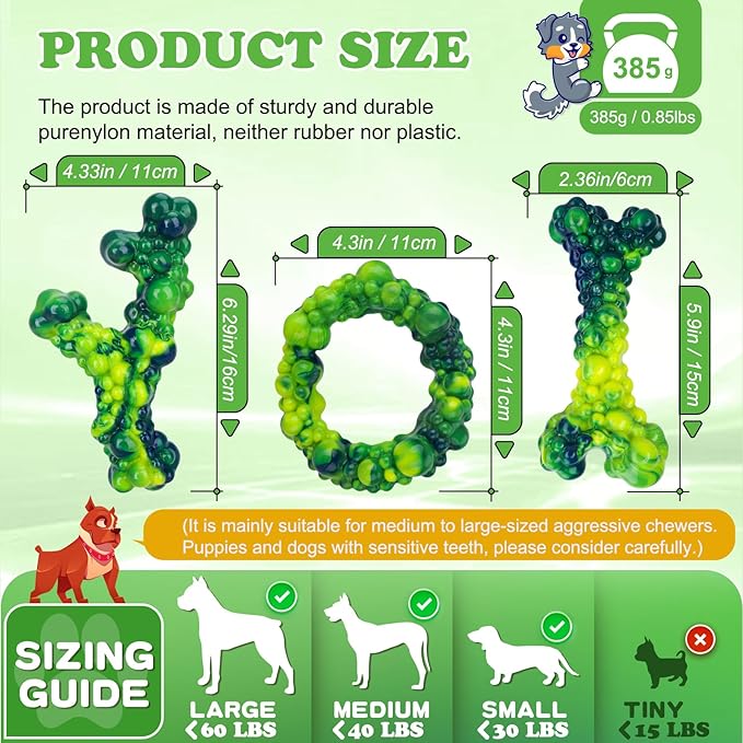 3Pack Dog Chew Toys for Aggressive Chewers, Indestructible Interactive Dog Chew Nylon Bone Toys for for Medium Large Breed 15-60lbs, Teething Toy to Keep Them Busy, Bacon Flavor (Green)