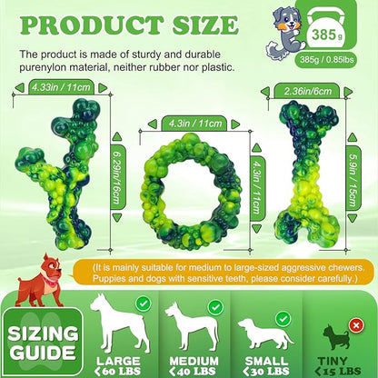 3Pack Dog Chew Toys for Aggressive Chewers, Indestructible Interactive Dog Chew Nylon Bone Toys for for Medium Large Breed 15-60lbs, Teething Toy to Keep Them Busy, Bacon Flavor (Green)