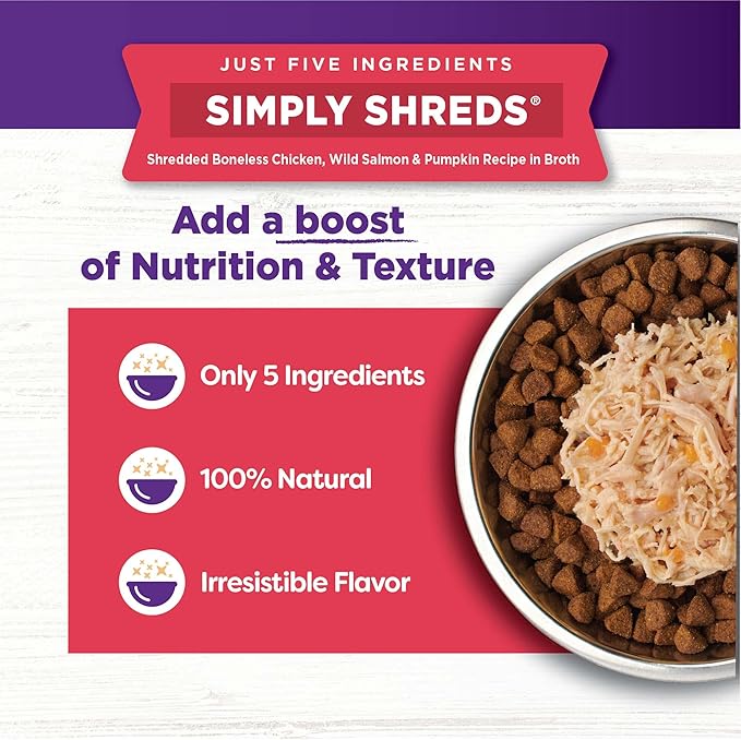Wellness Bowl Boosters Simply Shreds Variety Pack Wet Dog Food Topper for Small, Medium, and Large Breeds, Grain Free, Natural, Chicken Recipes, 2.8 oz, Pack of 12 Pouches