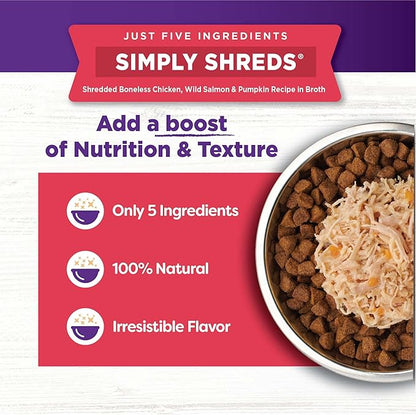 Wellness Bowl Boosters Simply Shreds Variety Pack Wet Dog Food Topper for Small, Medium, and Large Breeds, Grain Free, Natural, Chicken Recipes, 2.8 oz, Pack of 12 Pouches