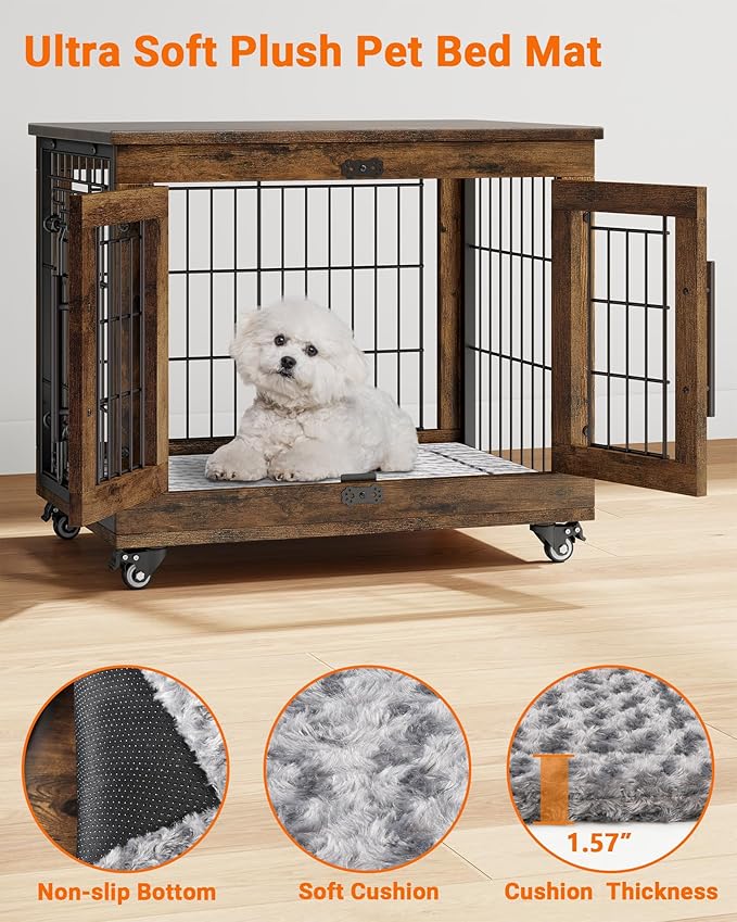 YaFiti Dog Crate Furniture with Cushion, Wooden Dog Kennel Indoor with Double Doors, Dog Cage with Wheels, Dog House Side End Table for Small Dogs up to 30 lb, 27.2" L, Rustic Brown