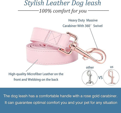 Dog Collar and Leash Set.Soft and Easy to Clean Vegan Leather with Rose Gold Metal Buckle for Small Medium Large Dogs (Pink, L(15.4”-24.8“)