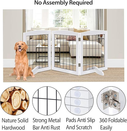 LZRS 3-Panel Freestanding Adjustable Wooden Dog Gate—30" Tall Foldable Pet Barrier with Support Feet, Chew-Resistant Solid Hardwood & Steel Wire Safety Fence for Doorways, Hallways, and Stairs, White
