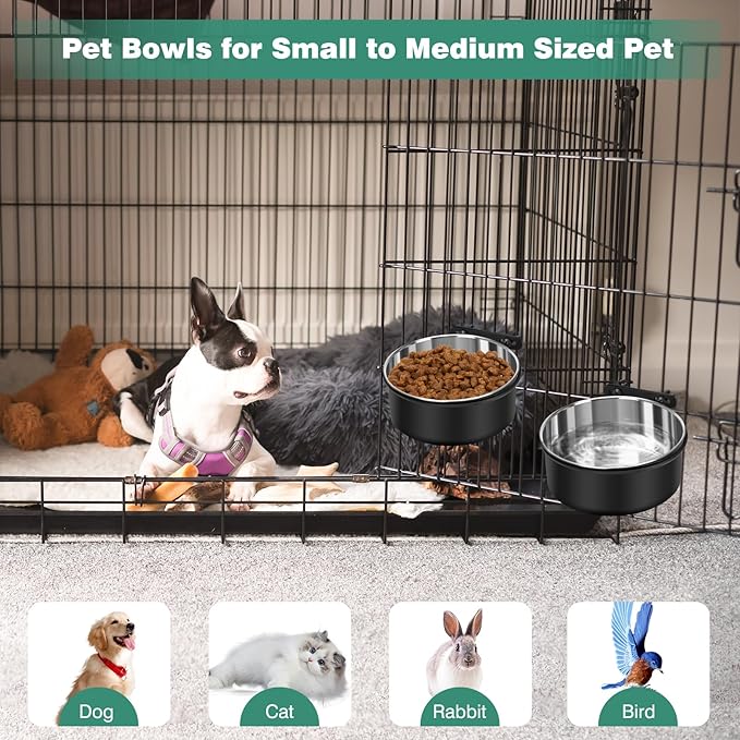 Dog Crate Water Bowl No Spill, 2 Pack Dog Crate Bowls Hanging, Kennel Water Food Bowls Mountable, Pet Cage Accessories Feeder Dish, Stainless Steel Coop Cup for Cat Puppy Bunny Guinea Pig Ferret Bird