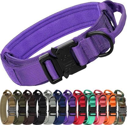 Joytale Tactical Dog Collar with Handle and Metal Buckle, Heavy Duty Padded Military Collar with 2 Patches for Training, Adjustable for Medium Dogs, Purple, M