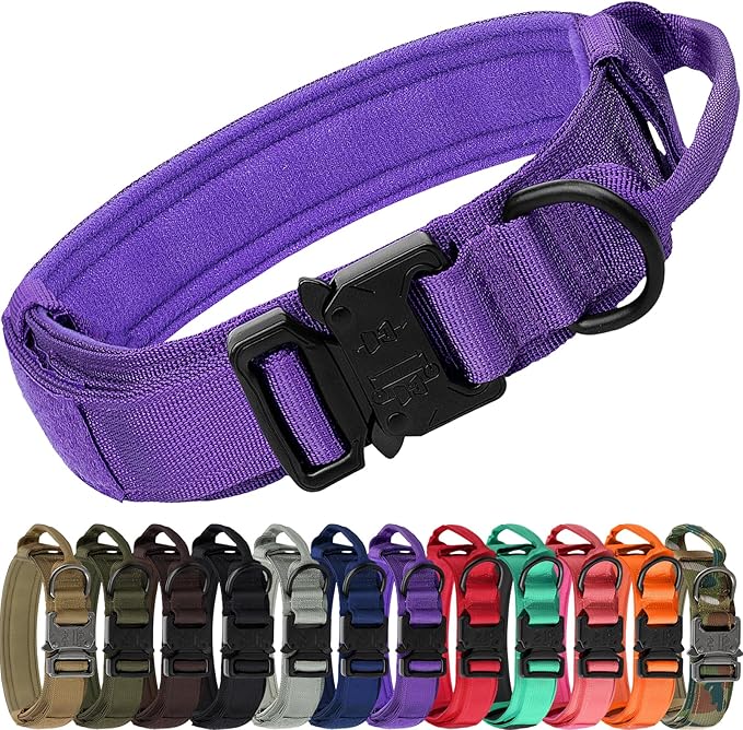 Joytale Tactical Dog Collar with Handle and Metal Buckle, Heavy Duty Padded Military Collar with 2 Patches for Training, Adjustable for Large Dogs, Purple, L