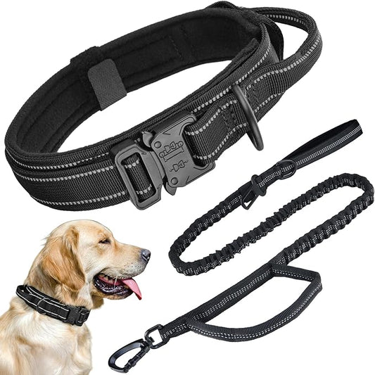 KCUCOP Heavy Duty Tactical Dog Collar and Leash Set, Military Training Nylon Reflective Collar with Handle Metal Buckle for Medium Large Dogs, Black, L (1 Patch Included)