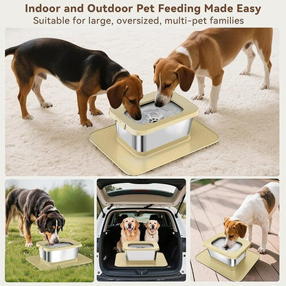 10L No Spill Dog Water Bowl, 2.6 Gal Stainless Steel No Splash Large Dog Water Bowl with Non-Slip Silicone Mat, Spill Proof Slow Drinking Pet Bowls for Messy Drinkers Indoor/Outdoor Use Beige