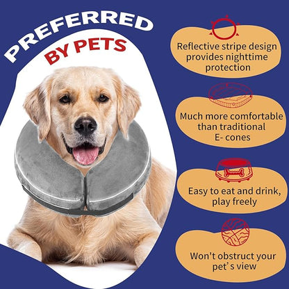 Inflatable Reflective Dog Cone Collar Alternative After Surgery,Doggie Recovery Dount Neck Ecollar,Adjustable Soft Dog Cone Collar for Small Medium Large Dogs (Grey, S)