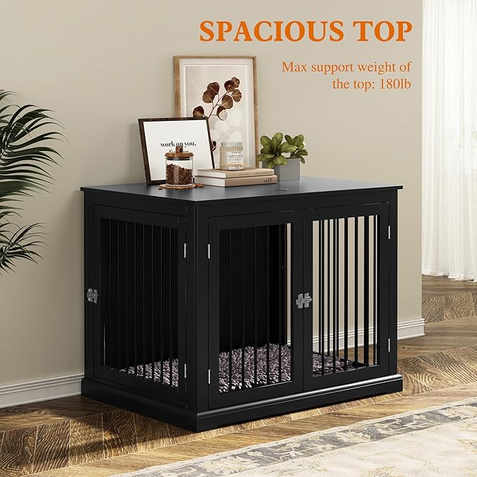 PUPETPO Large Dog Crate Furniture, Wooden Dog Kennel with Cushion, Dog Crate End Table Large, Indoor Dog Kennel, Modern Decorative Dog Crates with Flip Top, Chew-Proof Metal Bars, Black