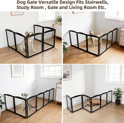 ZJSF Freestanding Foldable Dog Gate for House Extra Wide Wooden Black Indoor Puppy Gate Stairs Dog Gates Doorways Tall Pet Gate 6 Panels Fence