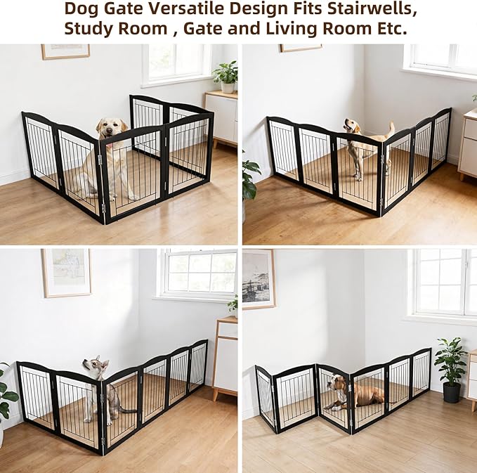 ZJSF Freestanding Foldable Dog Gate for House Extra Wide Wooden Black Indoor Puppy Gate Stairs Dog Gates Doorways Tall Pet Gate 6 Panels Fence