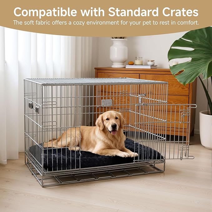 Washable Dog Bed Mat Soft Dog Crate Pad Fluffy Pet Kennel Beds Sleeping Mattress with Non-Slip Bottom for Large Jumbo Medium Small Dogs, 29 x 18 Inch, Black